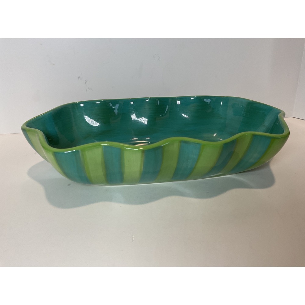 Gail Pittman Hand Painted Ceramic Serving Bowl Striped Teal Green Scalloped Rim